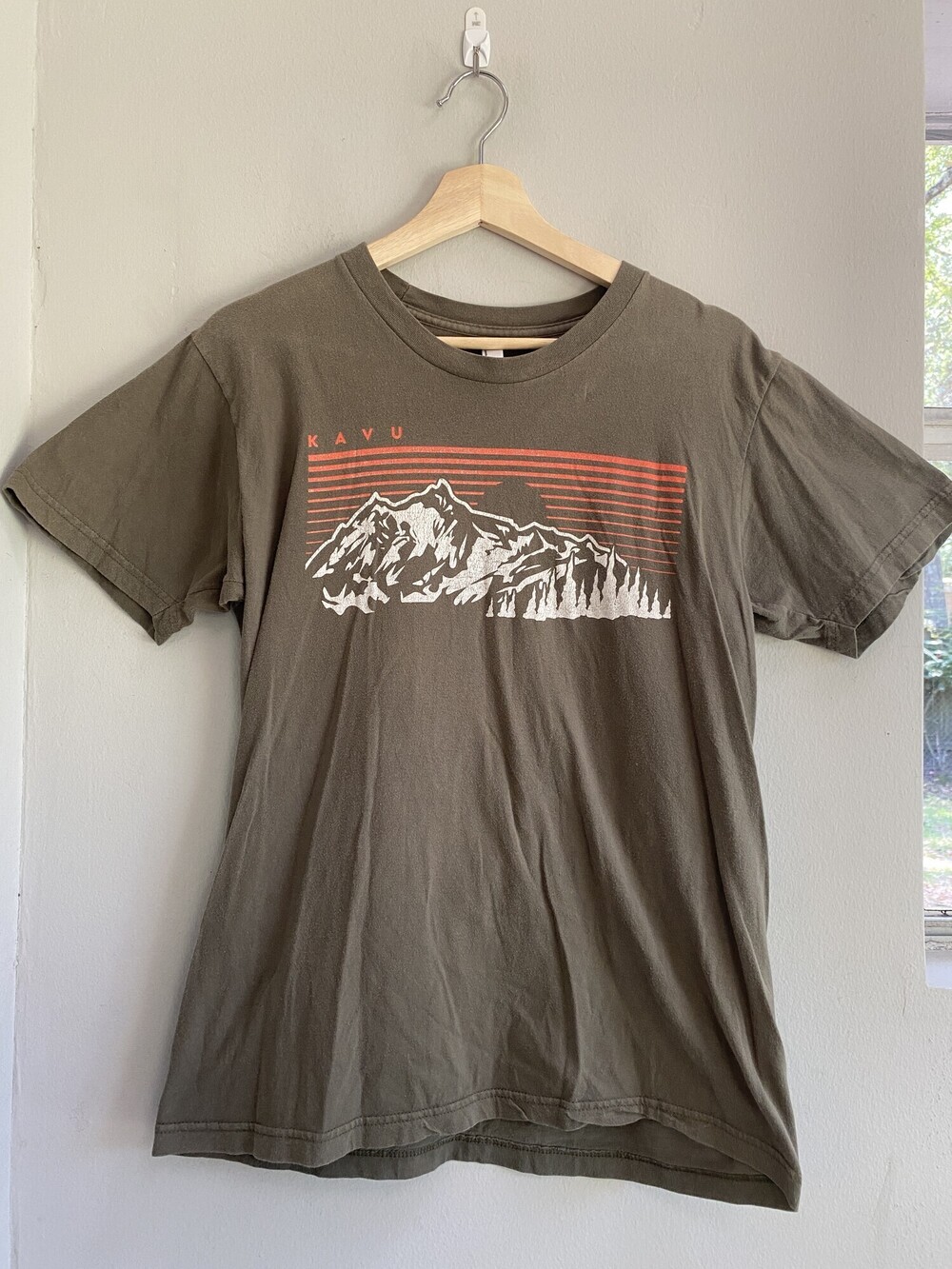 Rare Vintage KAVU Mountain Graphic T-Shirt Olive Green Men's M Cotton